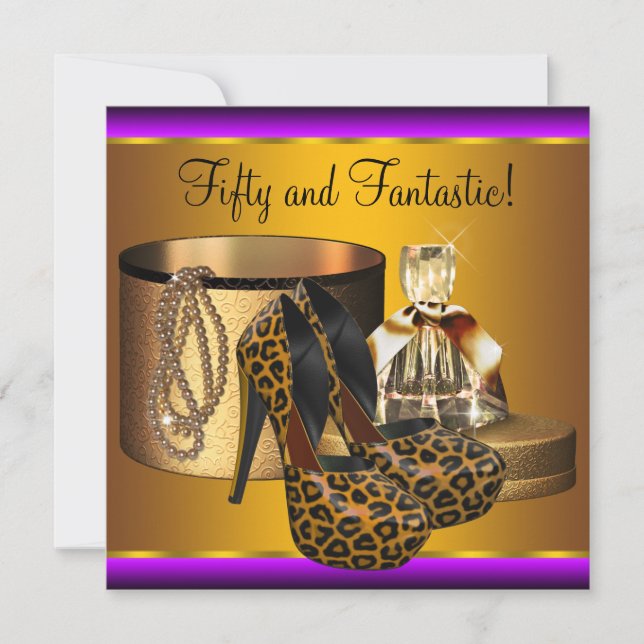High Heel Shoes Leopard Gold Womans 50th Birthday Invitation (Front)