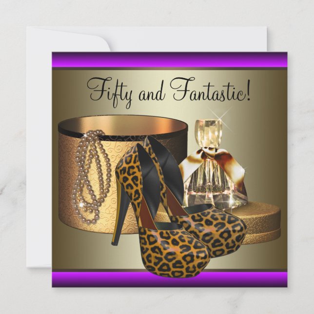 High Heel Shoes Leopard Gold Womans 50th Birthday Invitation (Front)