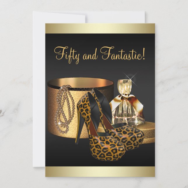 High Heel Shoes Leopard Gold Womans Birthday Invitation (Front)