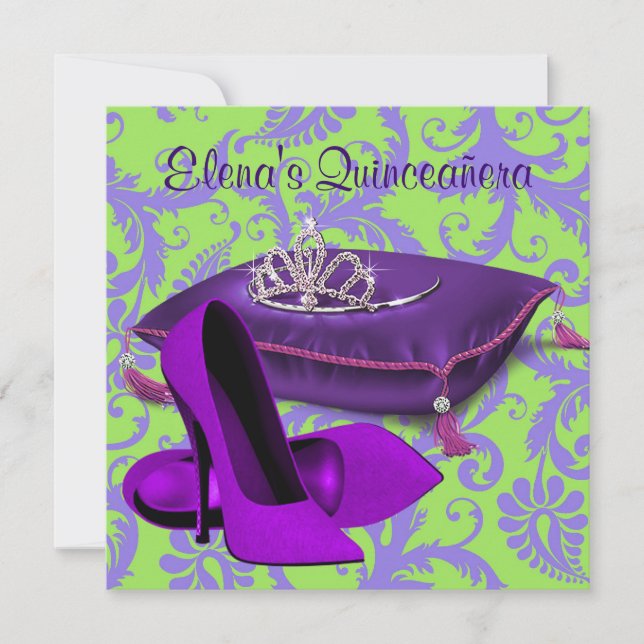 High Heel Shoes Lime Green Purple Quinceanera Invitation (Front)