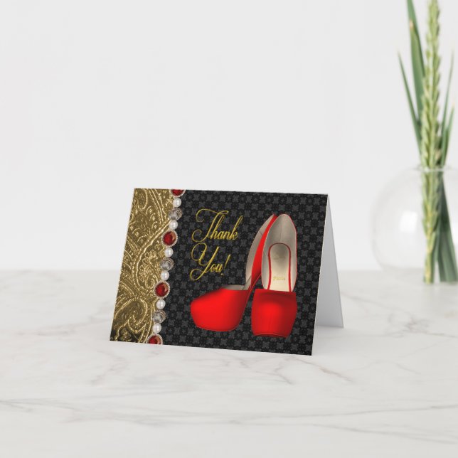 High Heel Shoes Pearls Black Ruby Red Gold Thank Y You Card (Front)