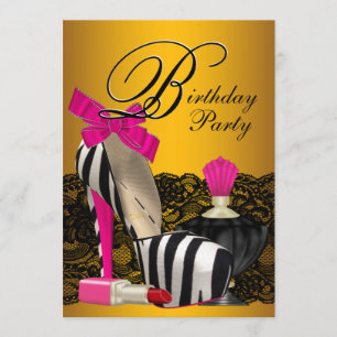 High Heel Shoes Pink and Gold Pink Zebra Party Invitation