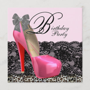 High Heel Shoes Pink Leopard Birthday Party Invitation