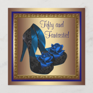 High Heel Shoes Royal Blue Gold 50th Birthday Invitation