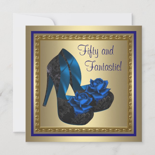 High Heel Shoes Royal Blue Gold Birthday Party Invitation (Front)