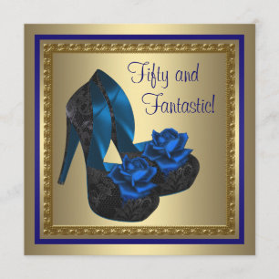 High Heel Shoes Royal Blue Gold Birthday Party Invitation