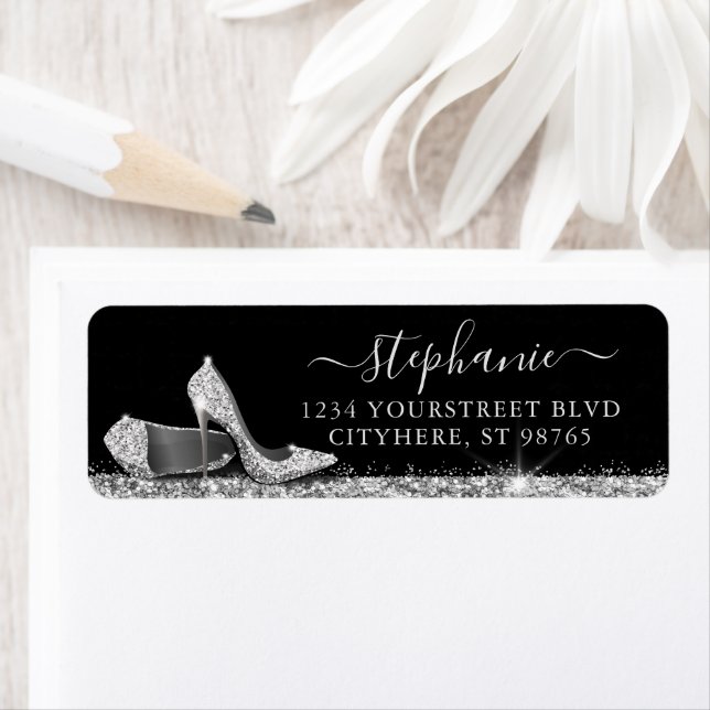 High Heel Shoes Silver Glam Return Address Label (Insitu)