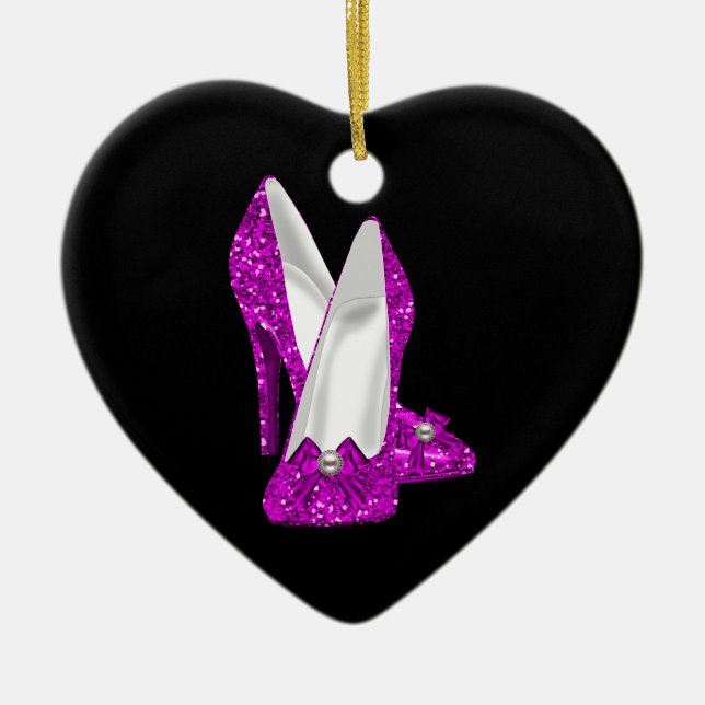 High Heel Shoes Stileto Glitter Pink Ceramic Ornament (Front)