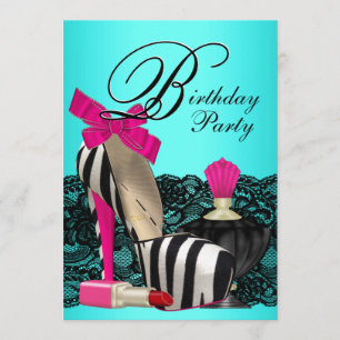 High Heel Shoes Teal Blue and Pink Zebra Party Invitation