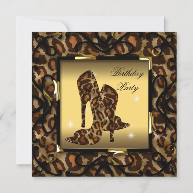 High Heel Shoes Wild Gold Leopard Birthday Party Invitation (Front)