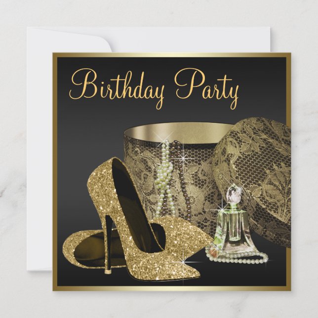 High Heel Shoes Womans Black and Gold Birthday Invitation (Front)
