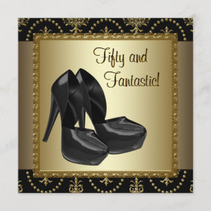 High Heel Shoes Womans Black Gold 50th Birthday Invitation