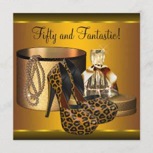 High Heel Shoes Womans Gold Leopard 50th Birthday Invitation