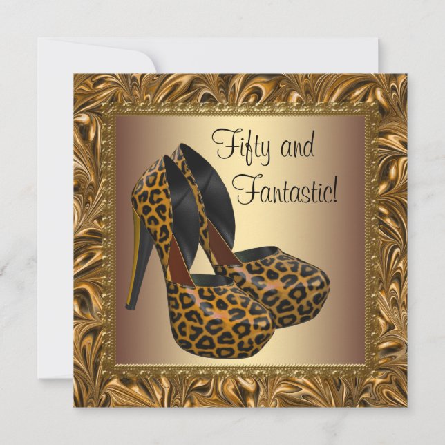 High Heel Shoes Womans Leopard Gold 50th Birthday Invitation (Front)