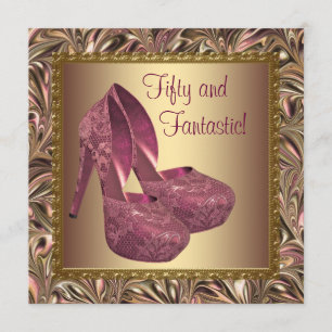 High Heel Shoes Womans Pink Gold 50th Birthday Invitation