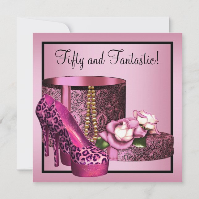 High Heel Shoes Womans Pink Leopard 50th Birthday Invitation (Front)