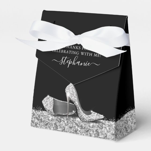 High Heel Stiletto Shoe Black Silver Birthday Favour Box (Front Side)