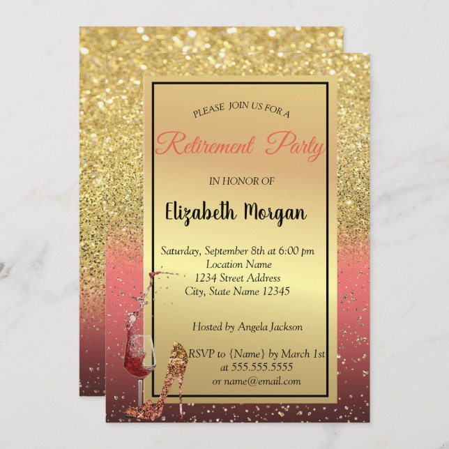 High Heel,Wine Glass,Red,Glitter Retirement Party Invitation (Front/Back)