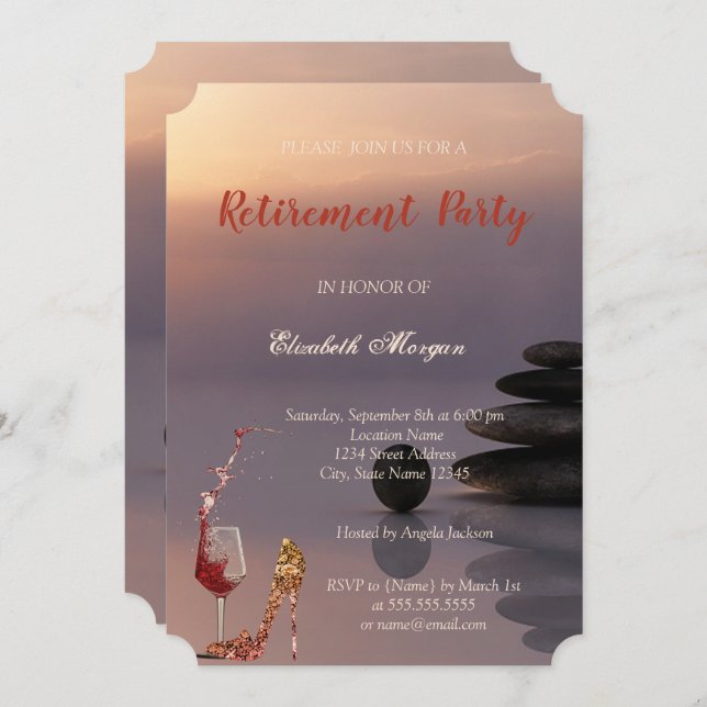 High Heel, Wine Glass,Zen Stones Retirement Party Invitation (Front/Back)