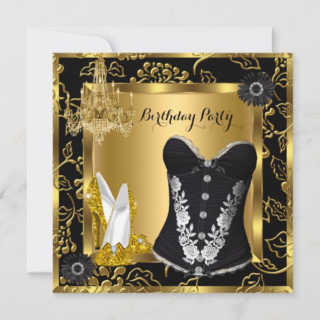 High Heels Chandelier Lace Corset Black Gold Invitation (Front)