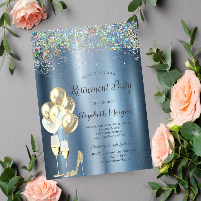 High Heels,Colourful Confetti Blue Retirement  Invitation (Creator Uploaded)