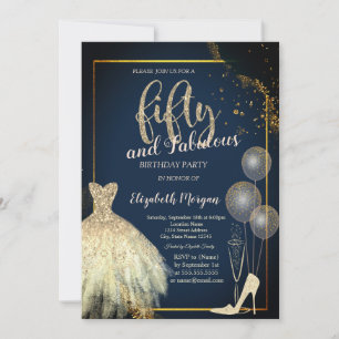High Heels,Dress,Stars Navy Blue 50th Birthday  Invitation