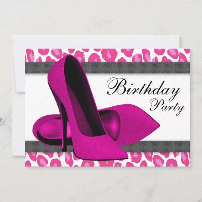 High Heels & Hot Pink Leopard Birthday Party Invitation (Front)