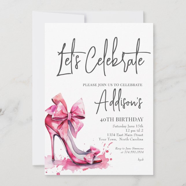High Heels Pink bow 40th Birthday Party Invitation (Front)