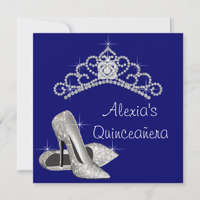 High Heels Tiara Royal Blue Quinceanera Invitation (Front)