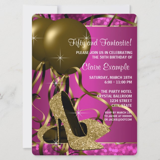 High Heels Womans Hot Pink and Gold Birthday Party Invitation (Front)