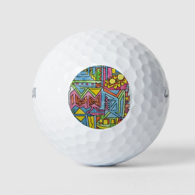 High Noon-Modern Geometric Watercolor Art Golf Balls (Front)
