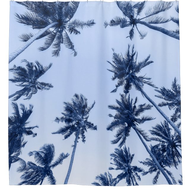 High palm trees, clear blue sky. shower curtain (Front)