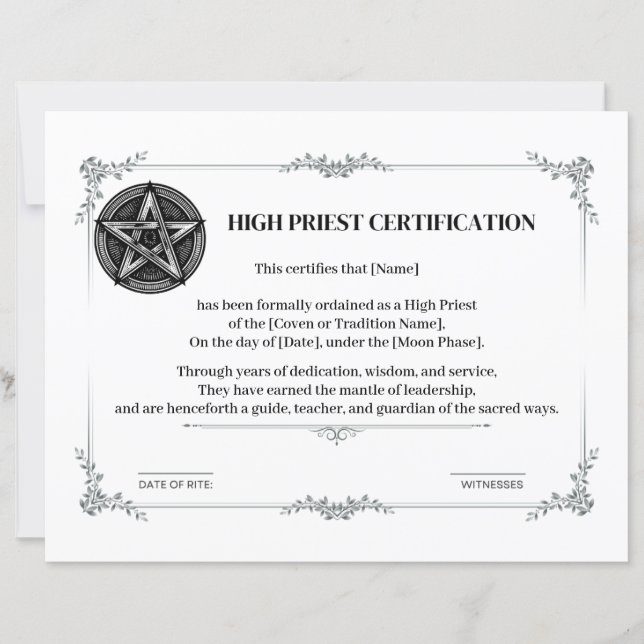 High Priest Certification (Front)