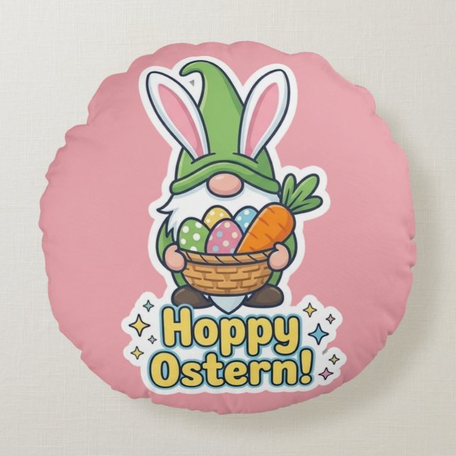 High-quality "Hoppy Easter" gnome illustration Round Cushion (Front)