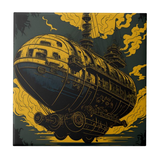 High-Quality Steampunk Art Majestic Retro Airship Ceramic Tile (Front)