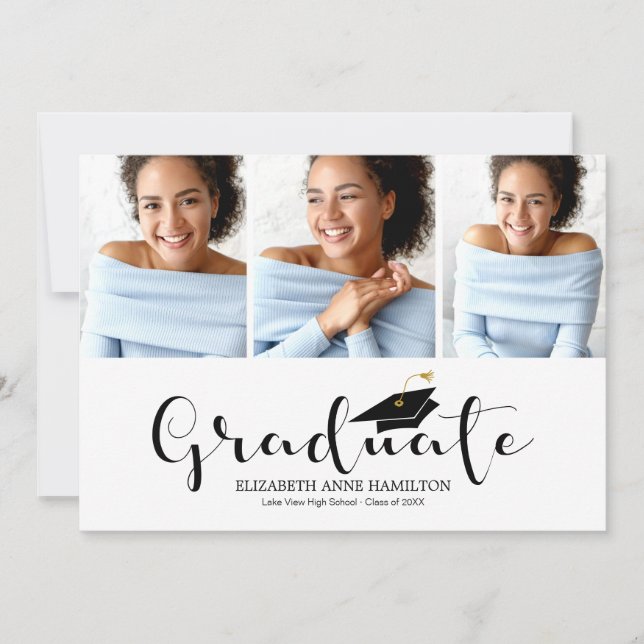 High School 3 Photo Calligraphy Graduation Announcement (Front)