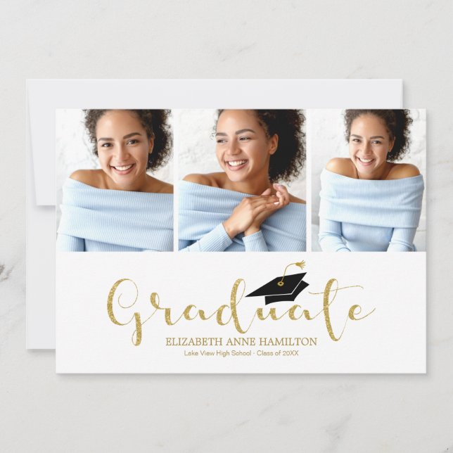 High School 3 Photo Gold Glitter Calligraphy Grad  Announcement (Front)