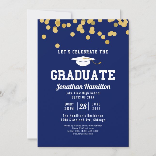 High School Blue Graduation Party Confetti Invitation (Front)