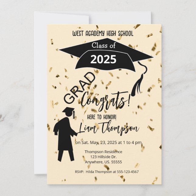 High School Boy Graduation Party Cap Confetti   Invitation (Front)