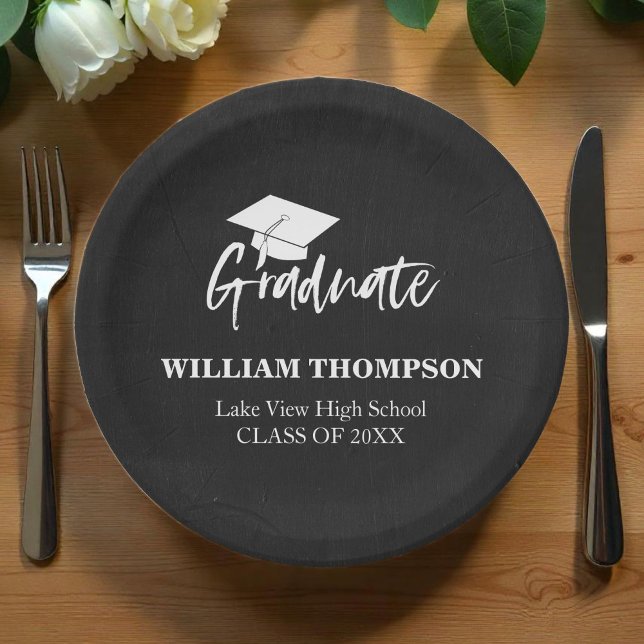 High School Chalk Black & White Grad Party Paper Plate (Creator Uploaded)