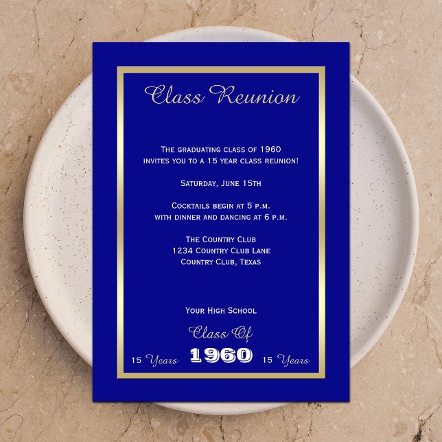 High School Class Reunion Classic Blue Gold Accent Invitation (Creator Uploaded)