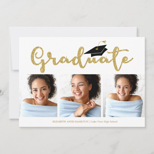  High School Grad 3 Photo Gold Glitter Calligraphy Announcement (Front)