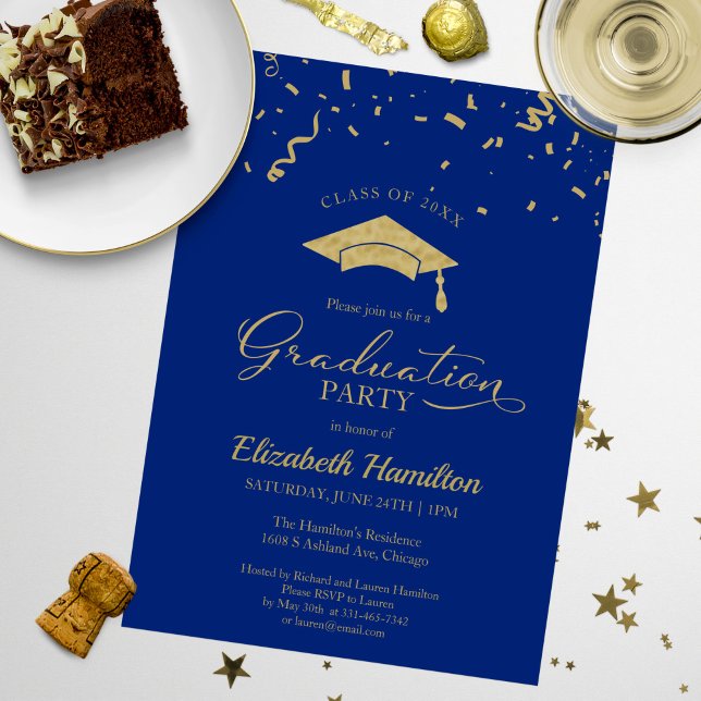 High School Grad Party Gold Confetti Blue Invitation (Creator Uploaded)