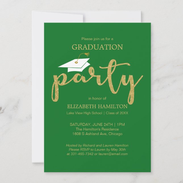 High School Grad Party Gold Green Invitations (Front)