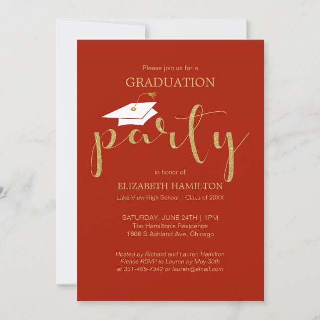 High School Grad Party Gold Red Invitations (Front)