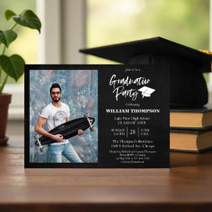 High School Grad Party Modern Chalk Black & White Invitation