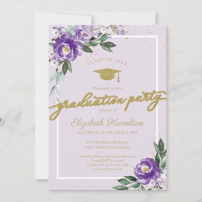 High School Grad Party Purple  Floral Invitation (Front)