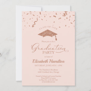 High School Grad Party Rose Gold Confetti Pink Invitation