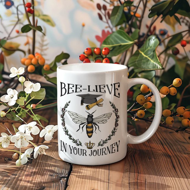 High School Graduate Bee-lieve in Your Journey Bee Coffee Mug ("Bee-lieve in Your Journey" Queen Bee, crown, Grad Cap, Gown.
Custom Grad Photo & "Class of 2024")