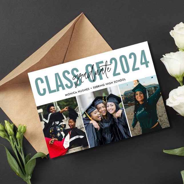High School Graduation 3 Photo Teal  Announcement (High School Graduation 3 Photo Teal Announcement)